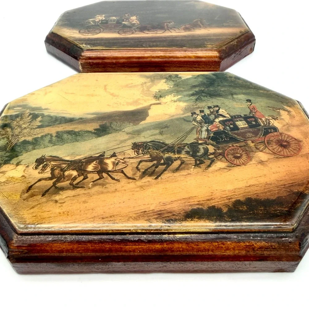 Vintage Pair Octagonal Wooden Wall Plaques‎ Decoupage Stagecoach Decor